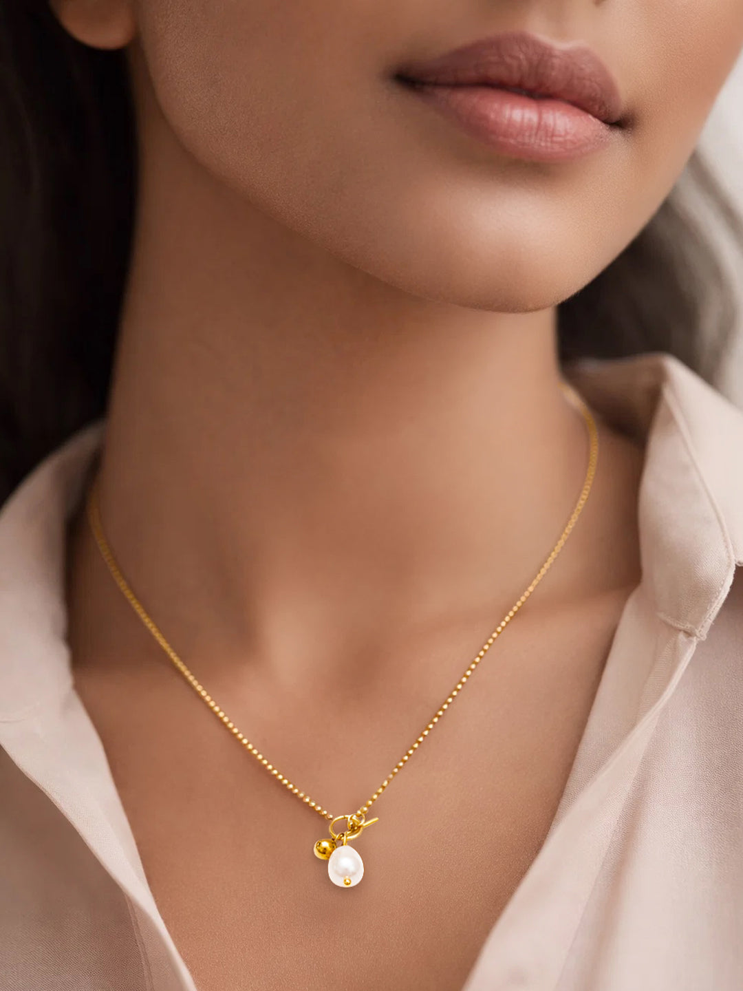 Demifine 18K Gold Plated Stainless steel Pearl Drop Toggle Chain Necklace