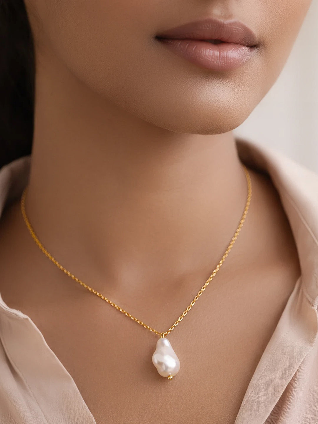 Demifine 18K Gold Plated Stainless steel Baroque Pearl Pendant Rope Necklace