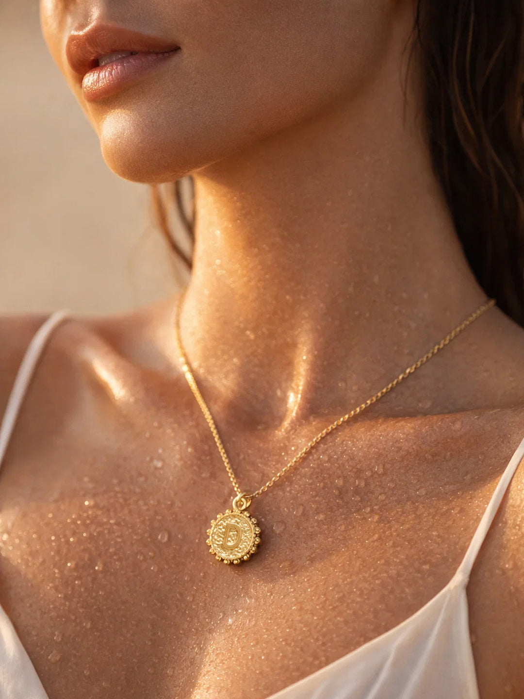 Demifine 18K Gold Plated Stainless steel Textured Coin D Pendant Necklace
