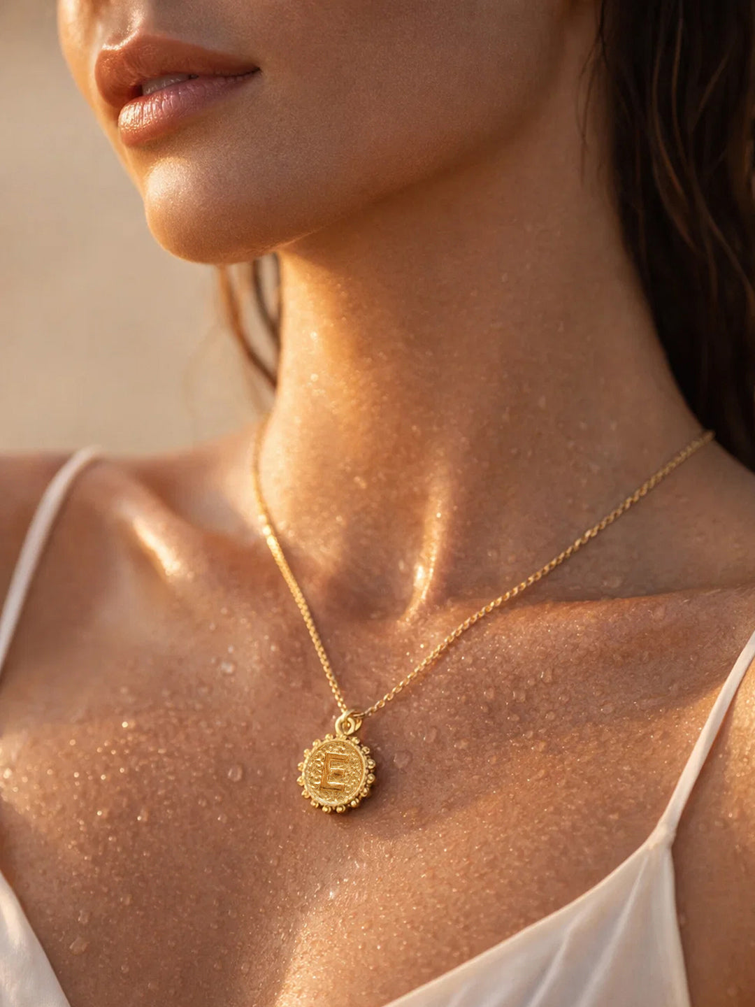 Demifine 18K Gold Plated Stainless steel Textured Coin E Pendant Necklace