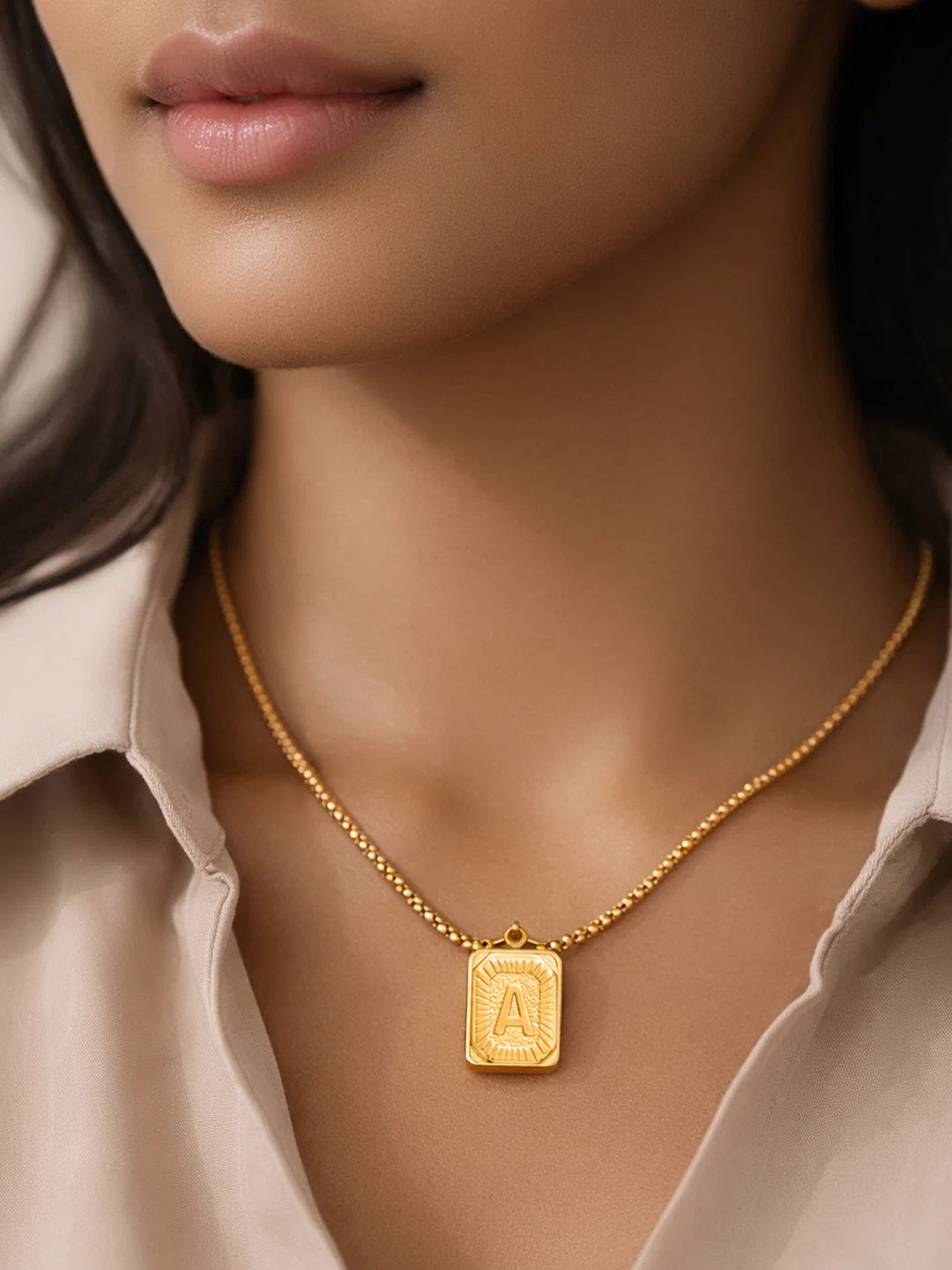 Demifine 18K Gold Plated Stainless steel Engraved Square A Pendant Necklace