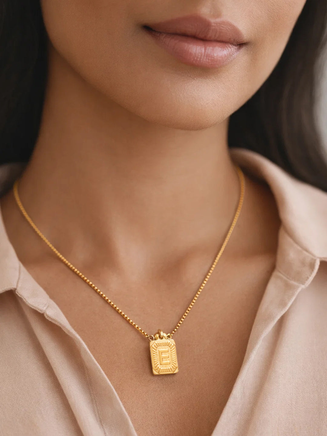 Demifine 18K Gold Plated Stainless steel Engraved Square E Pendant Necklace