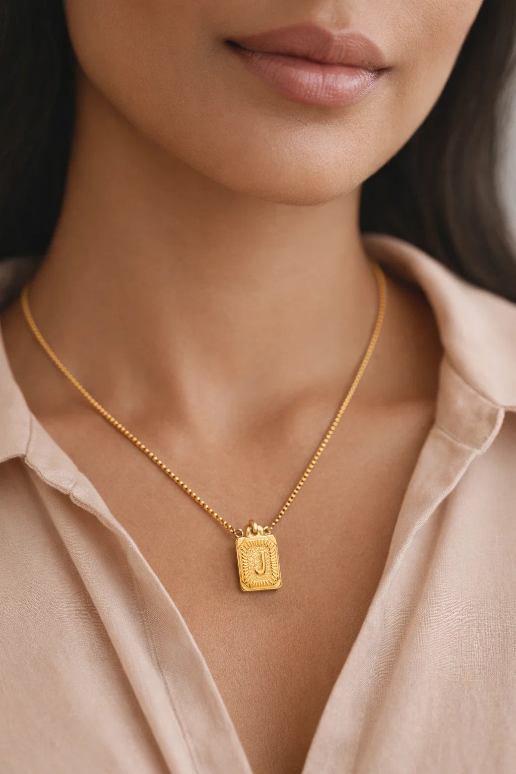 Demifine 18K Gold Plated Stainless steel Engraved Square J Pendant Necklace