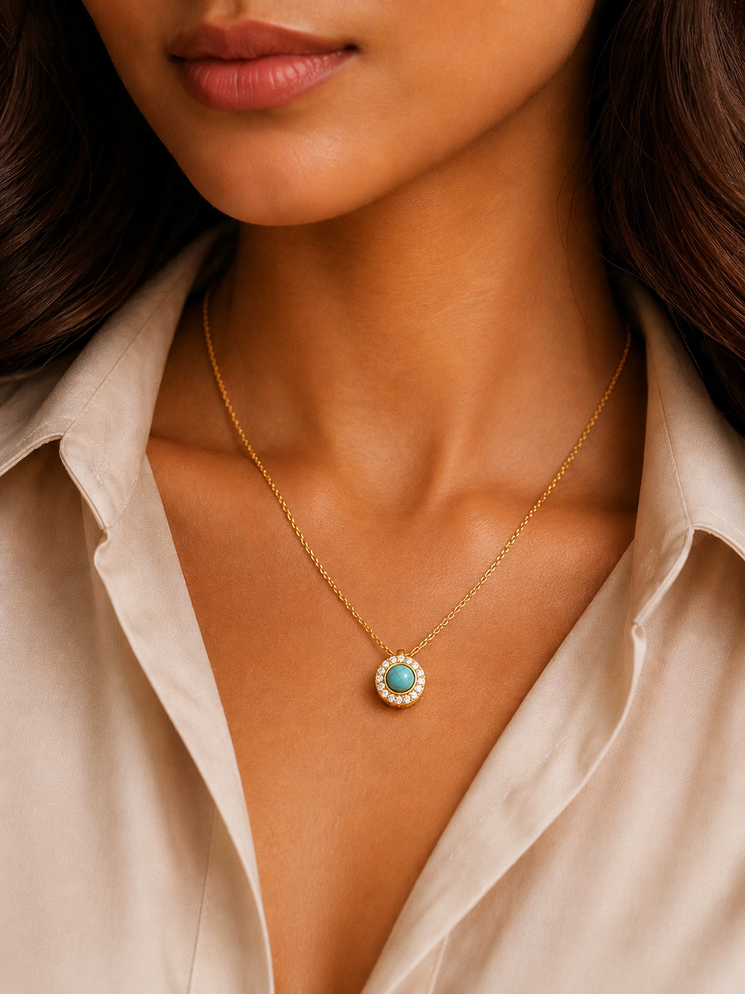 Demifine 18K Gold Plated Stainless steel Chain Turquoise Blue Pendant Necklace