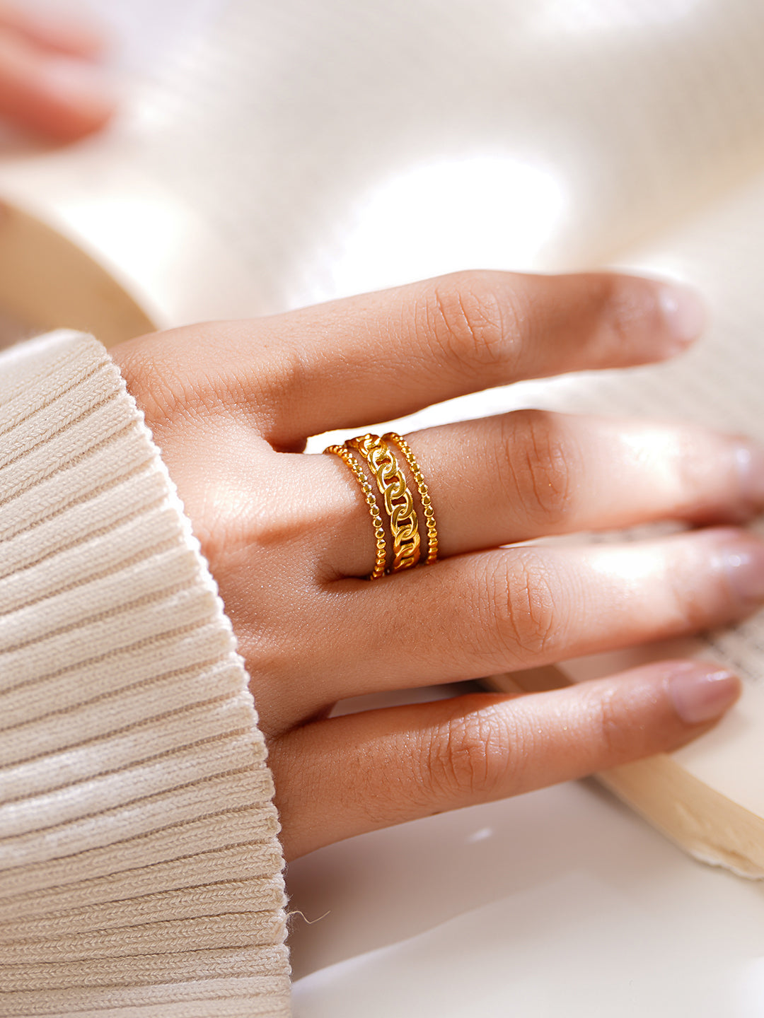 Demifine 18K Gold Plated Stainless steel Linked Layers Statement Ring