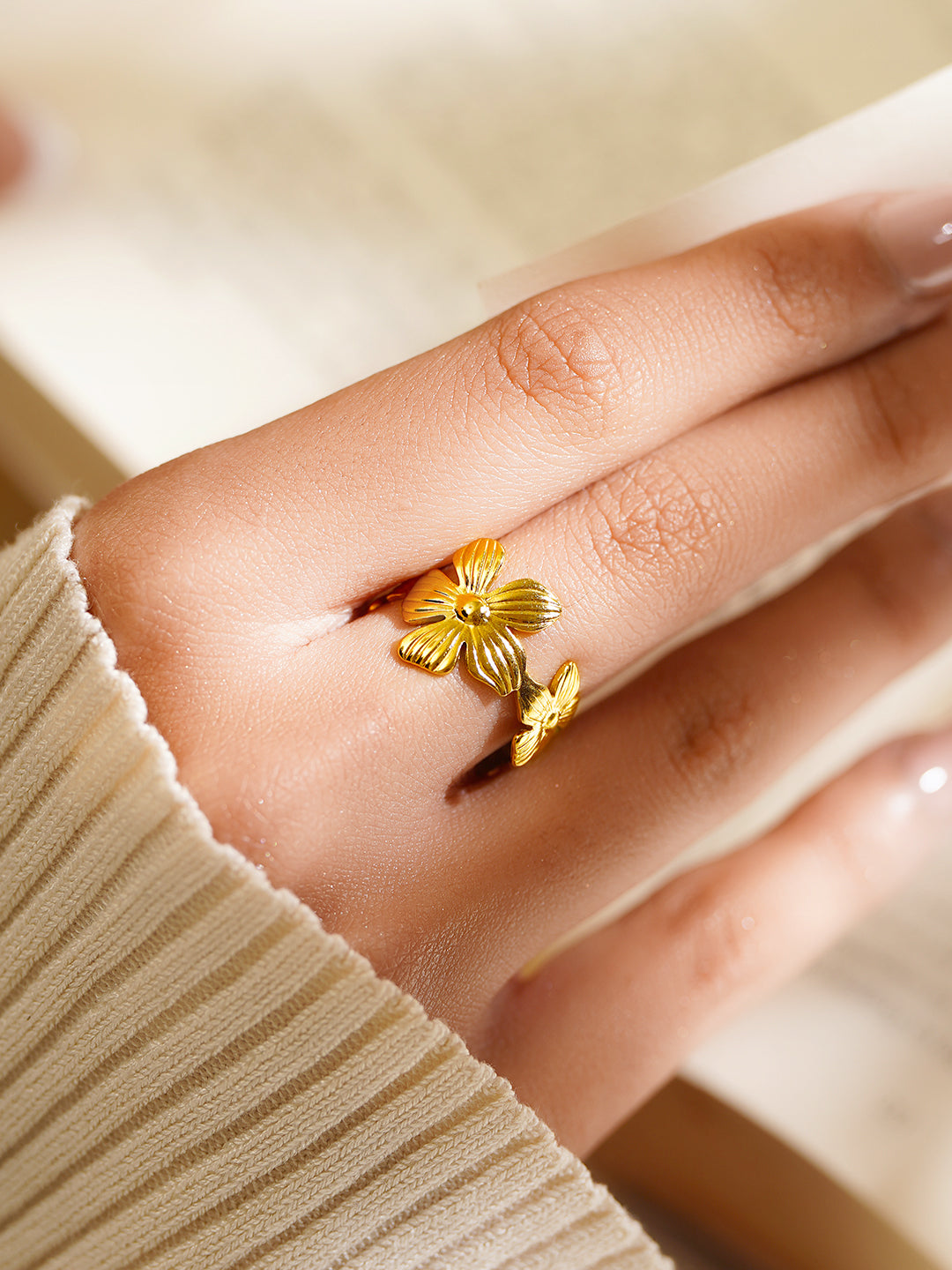 Demifine 18K Gold Plated Stainless Steel Mini Floral Charm Open Ring