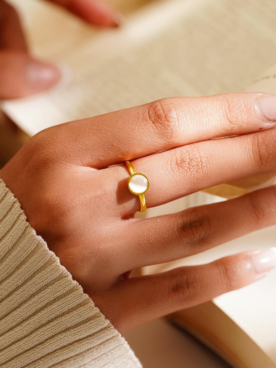 Demifine 18K Gold Plated Stainless Steel Mother of Pearl Open Ring