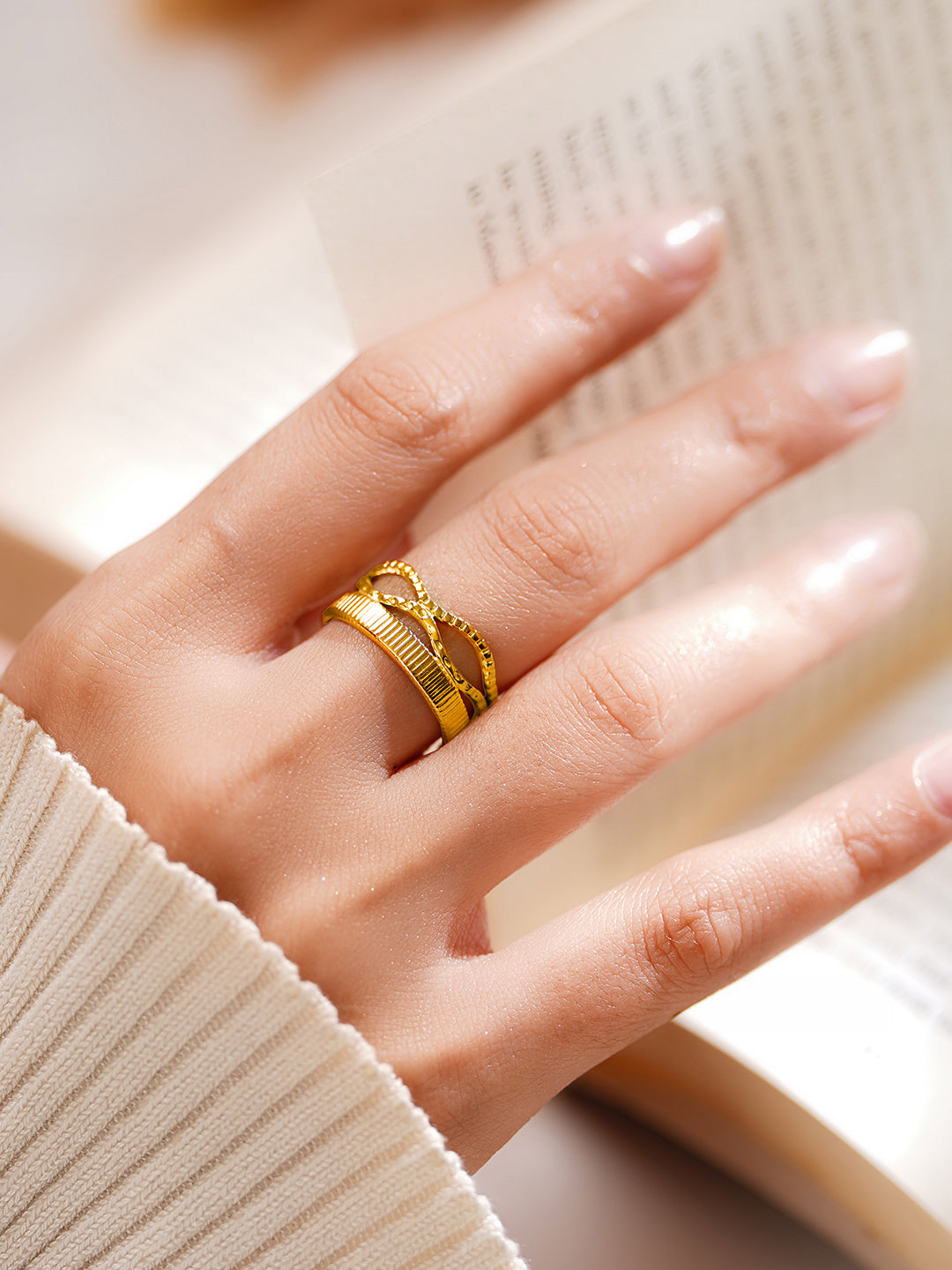 Demifine 18K Gold Plated Stainless steel Crossroads Texture Statement Ring