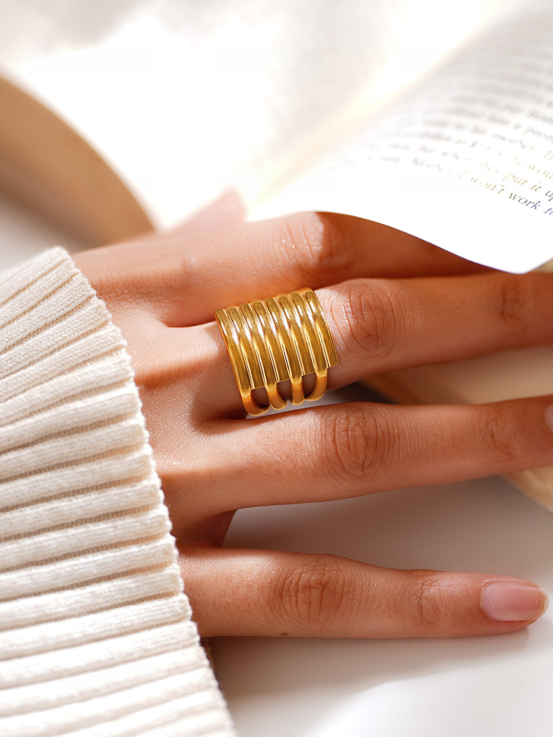 Demifine 18K Gold Plated Stainless steel Multi Layer Statement Open Ring