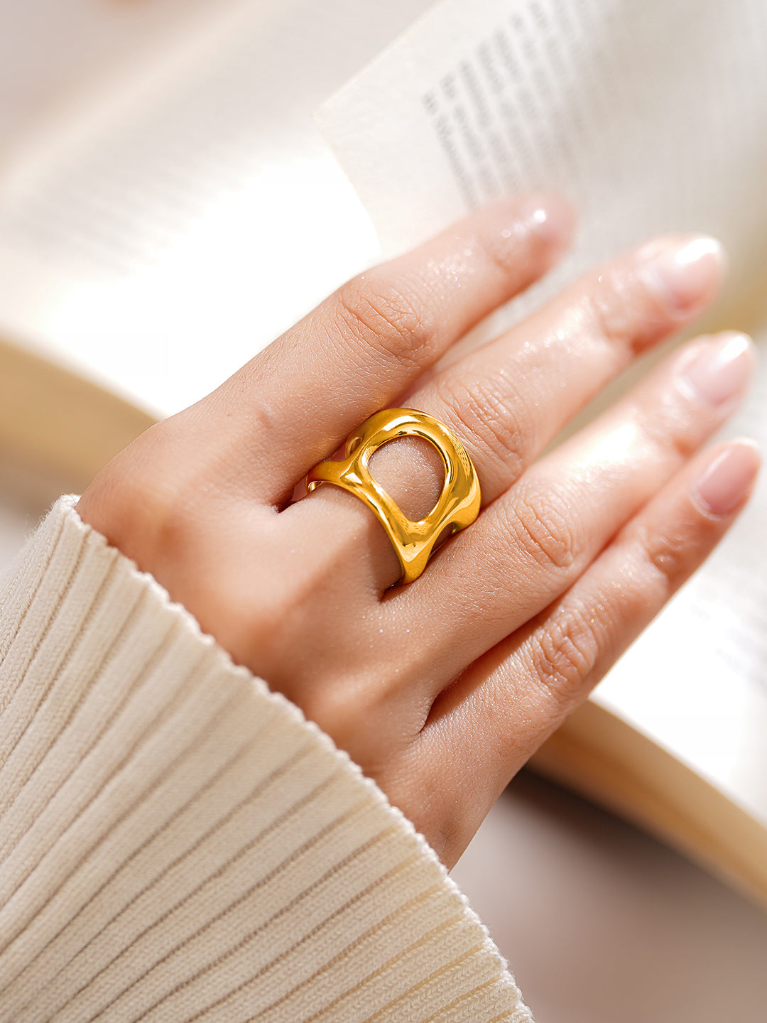 Demifine 18K Gold Plated Stainless steel Sculpted Statement Open Ring