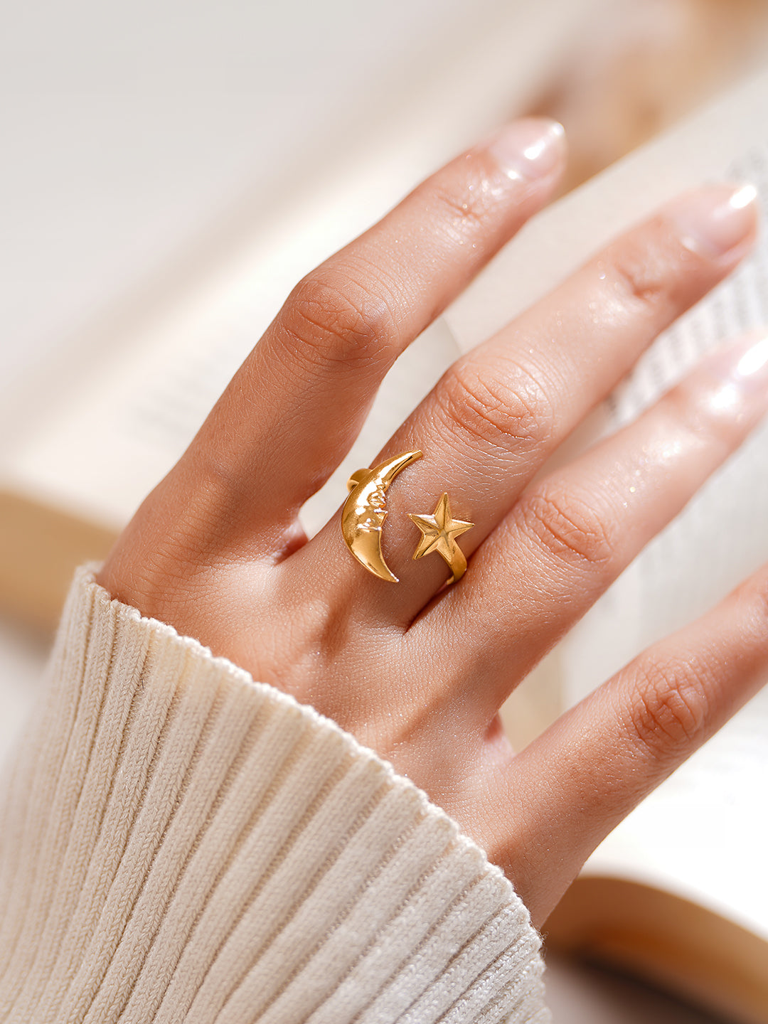 Demifine 18K Gold Plated Stainless steel Celestial Moon Star Open Ring