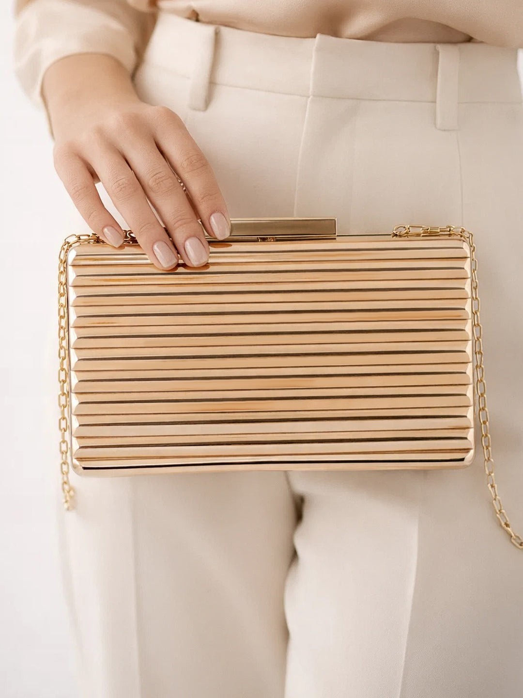 Golden Ribbed Luxe Evening Box Clutch