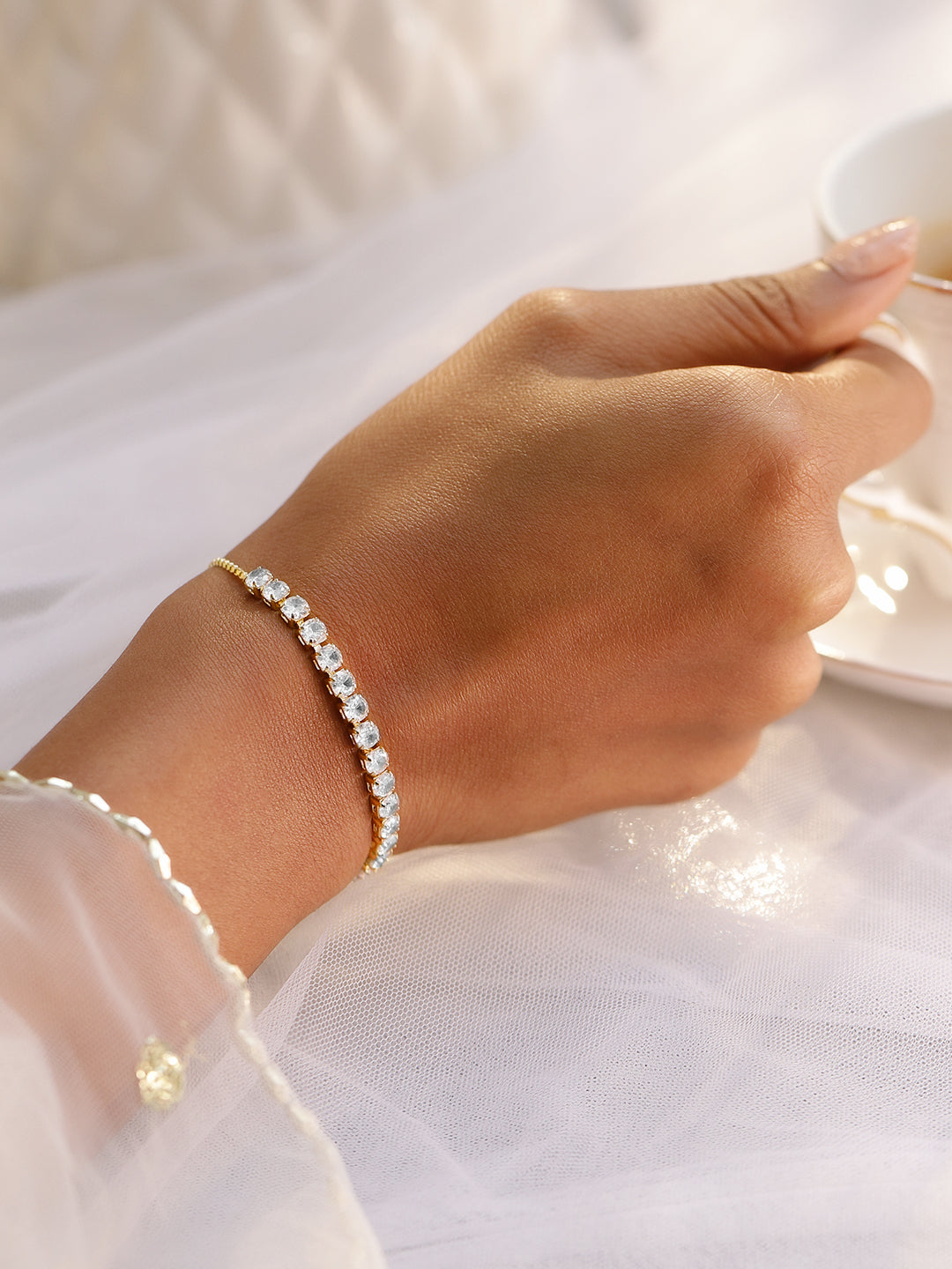 Rubans 18K Gold-Plated Adjustable Pull Chain Cubic Zirconia Studded Bracelet