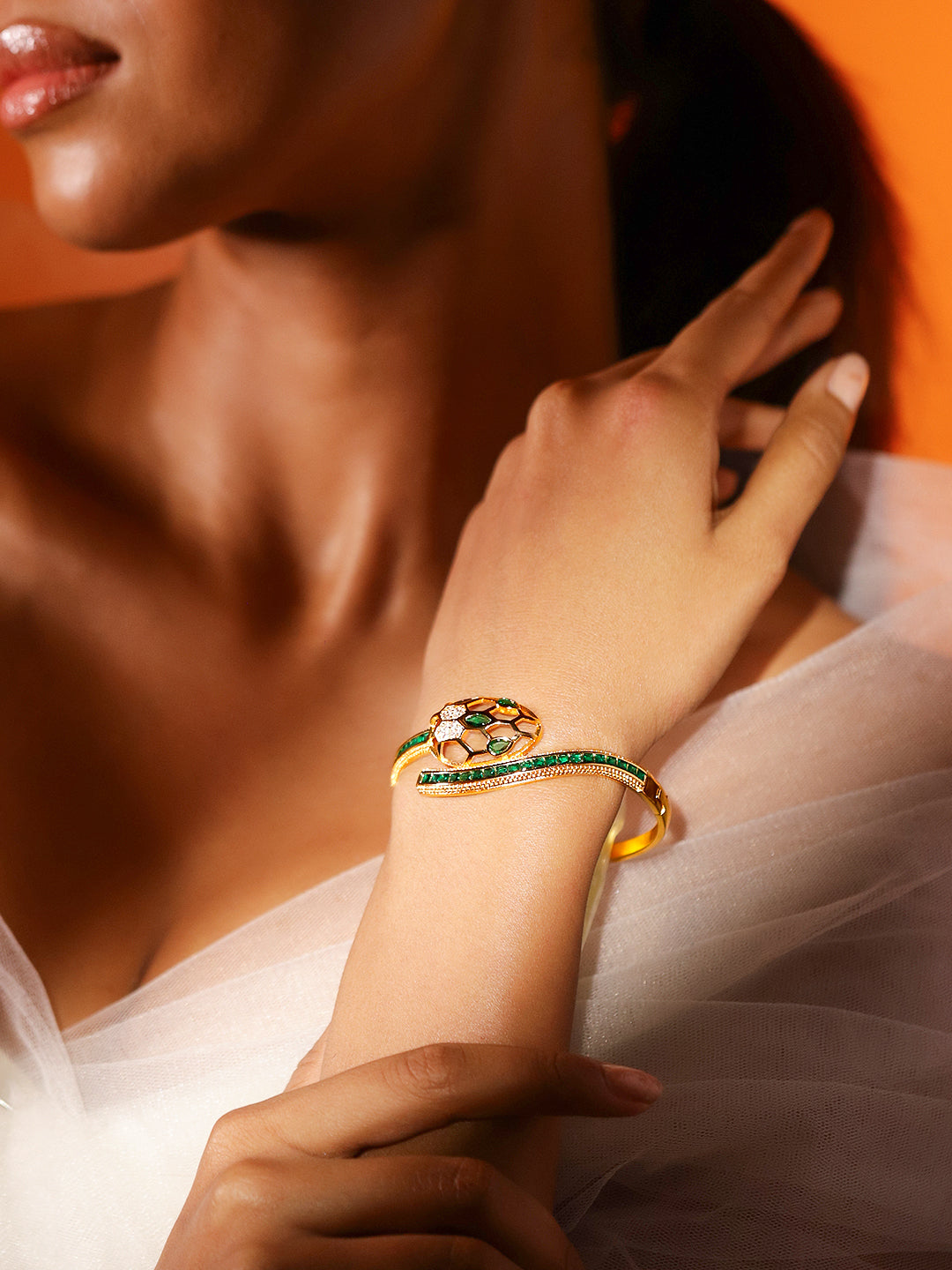 Rubans 22K Gold-Plated Snake Motif Bracelet with Honeycomb Design, Emerald & Zirconia