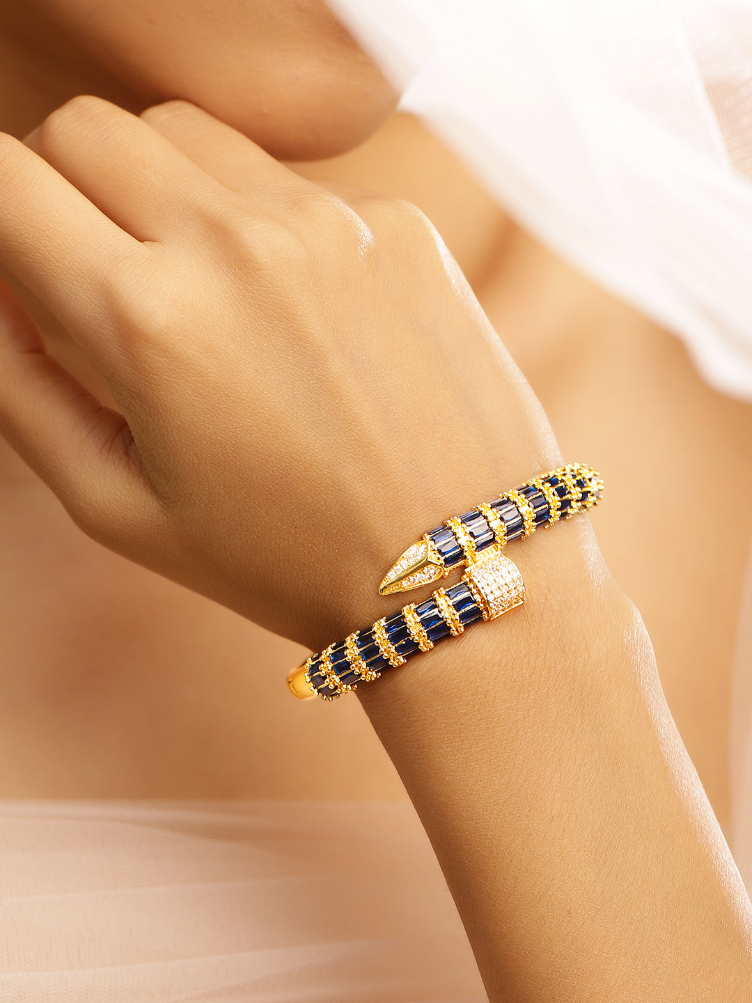 Rubans 22K Gold-Plated Blue Baguette-Cut White Cubic Zirconia Serpent Bracelet Openable