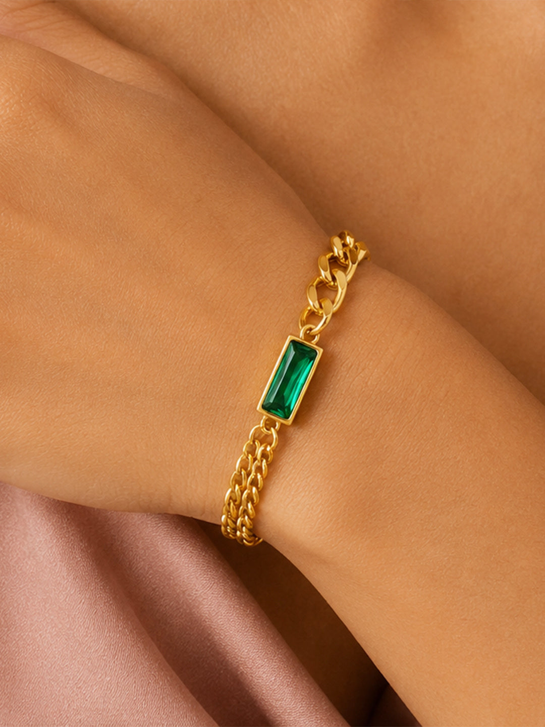 Demifine 18K Gold Plated Stainless steel Chunky Chain Emerald Green Bracelet