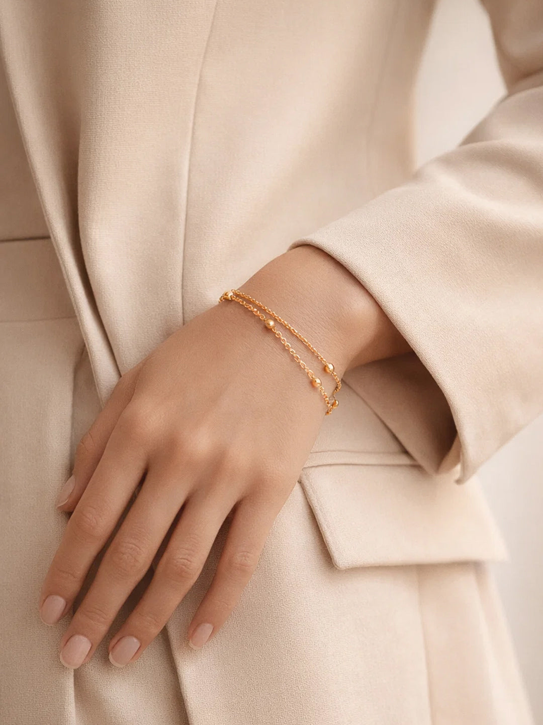 Demifine 18K Gold Plated Stainless steel Dual Chain Beaded Bracelet