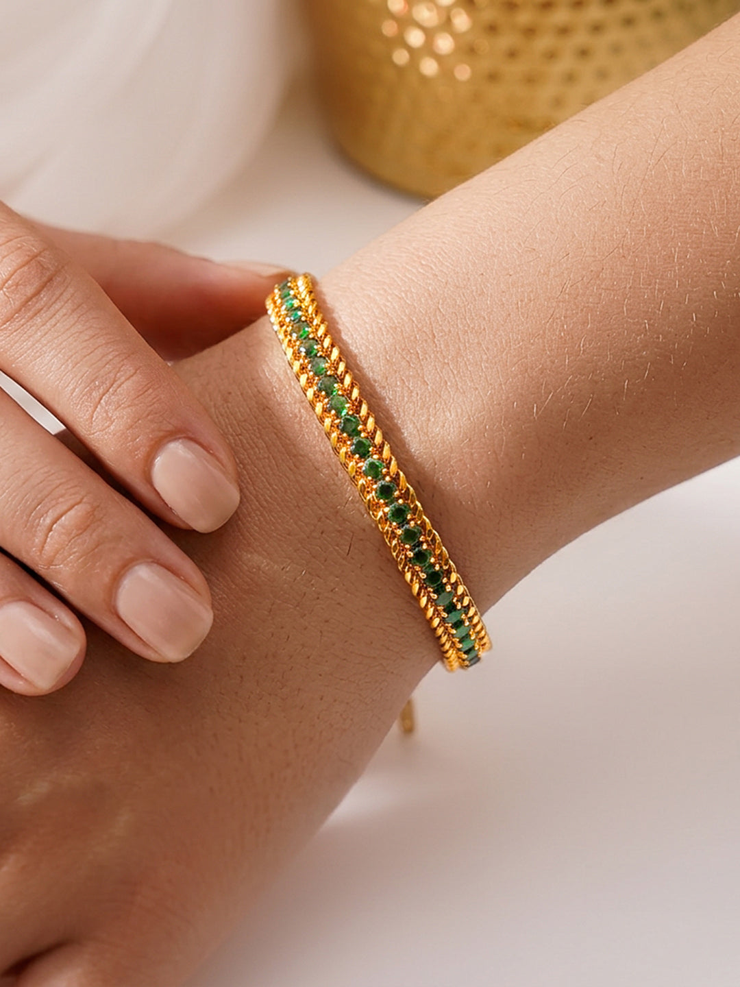 Demifine 18K Gold Plated Stainless steel Emerald Green Crystal Chain Bracelet