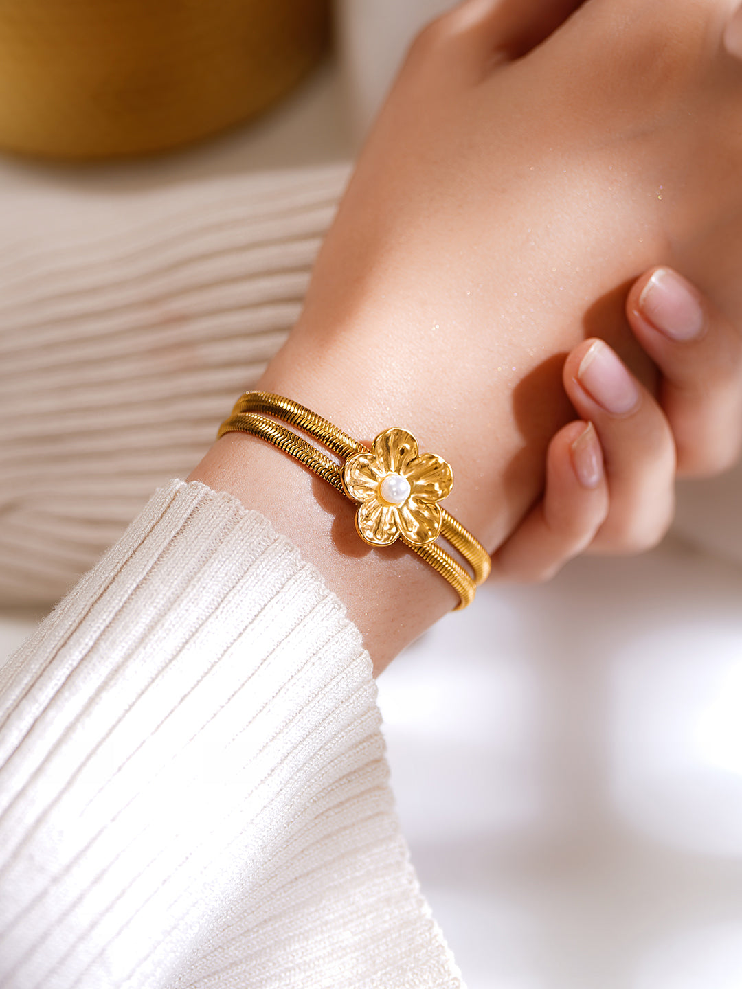 Demifine 18K Gold Plated Stainless Steel Floral Statement Bracelet