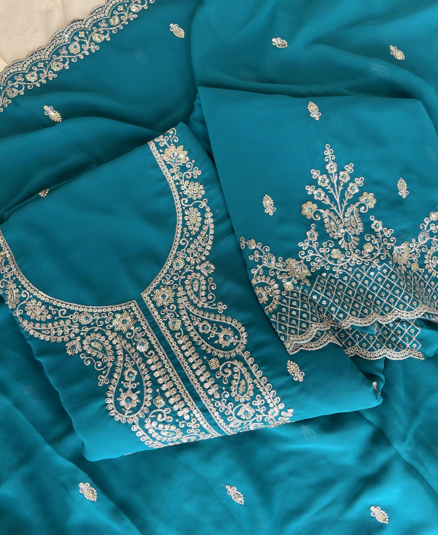 KC Aqua Blue Georgette Heavy Embroidered Fancy Suit For Women