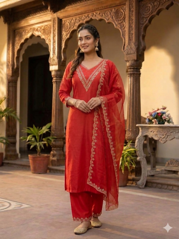 Teeya Creation New Womens Red Straight Cut Kurta Set with Scalloped Embroidered Organza Dupatta Set