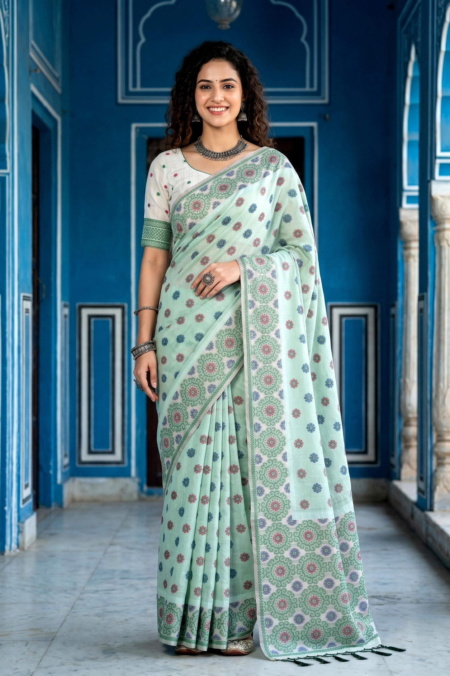 Sangam Prints Pastel Mint Green Cotton Blend Woven Work Traditional Saree