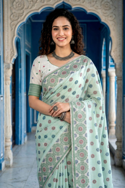 Sangam Prints Pastel Mint Green Cotton Blend Woven Work Traditional Saree