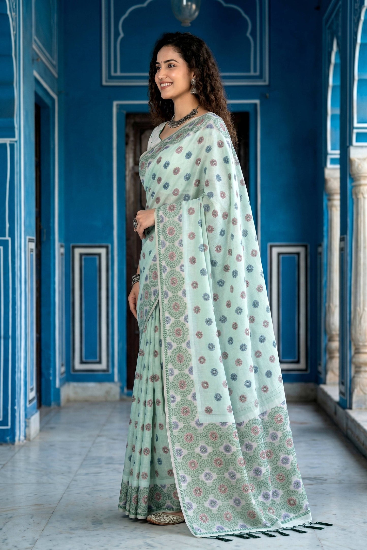 Sangam Prints Pastel Mint Green Cotton Blend Woven Work Traditional Saree