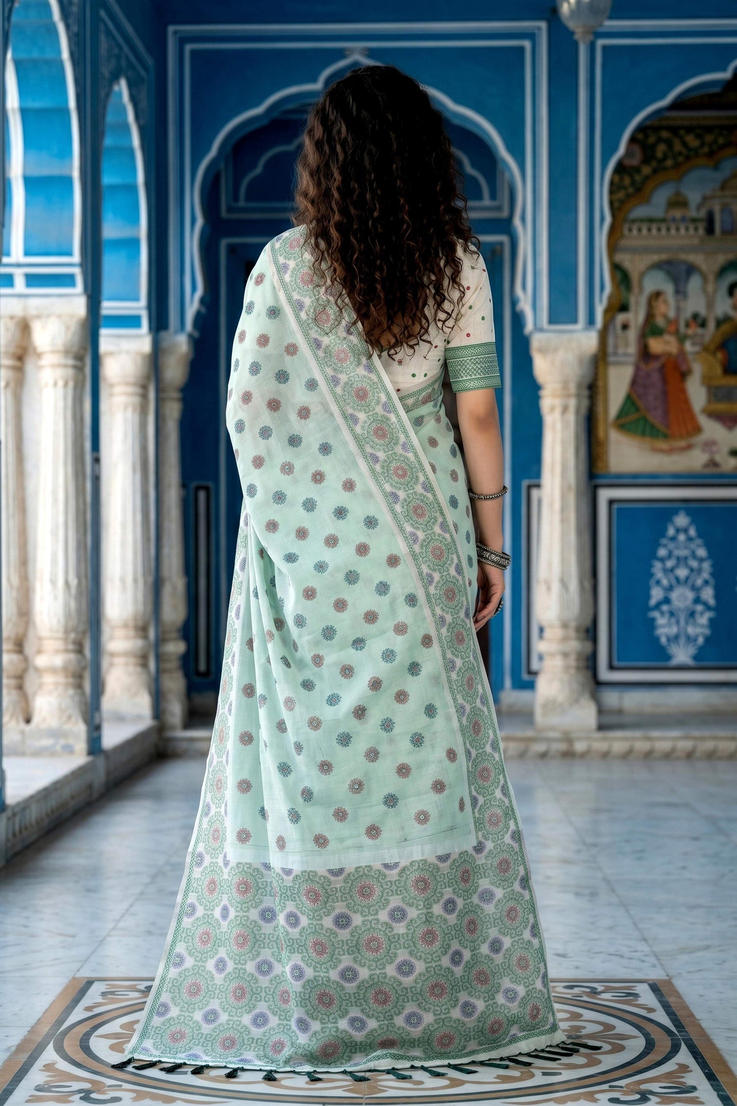 Sangam Prints Pastel Mint Green Cotton Blend Woven Work Traditional Saree