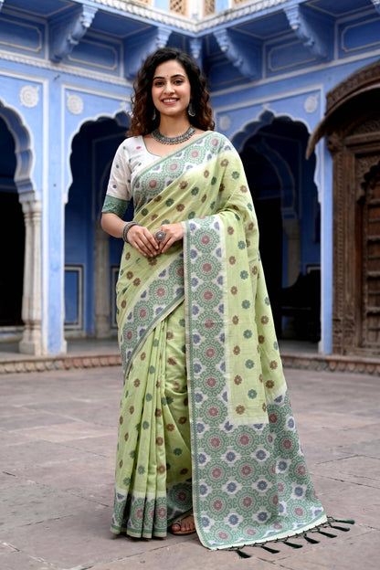 Sangam Prints Pastel Green Cotton Blend Woven Work Traditional Saree