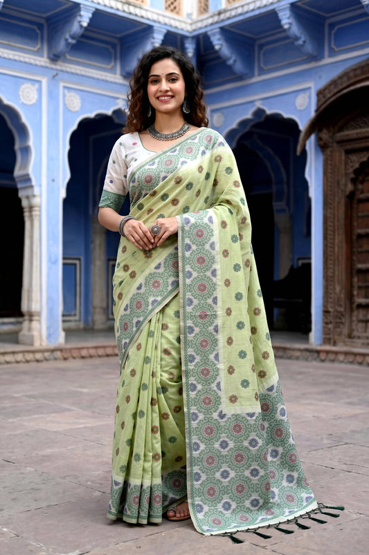 Sangam Prints Pastel Green Cotton Blend Woven Work Traditional Saree