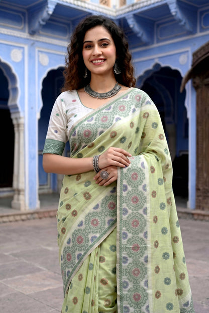 Sangam Prints Pastel Green Cotton Blend Woven Work Traditional Saree