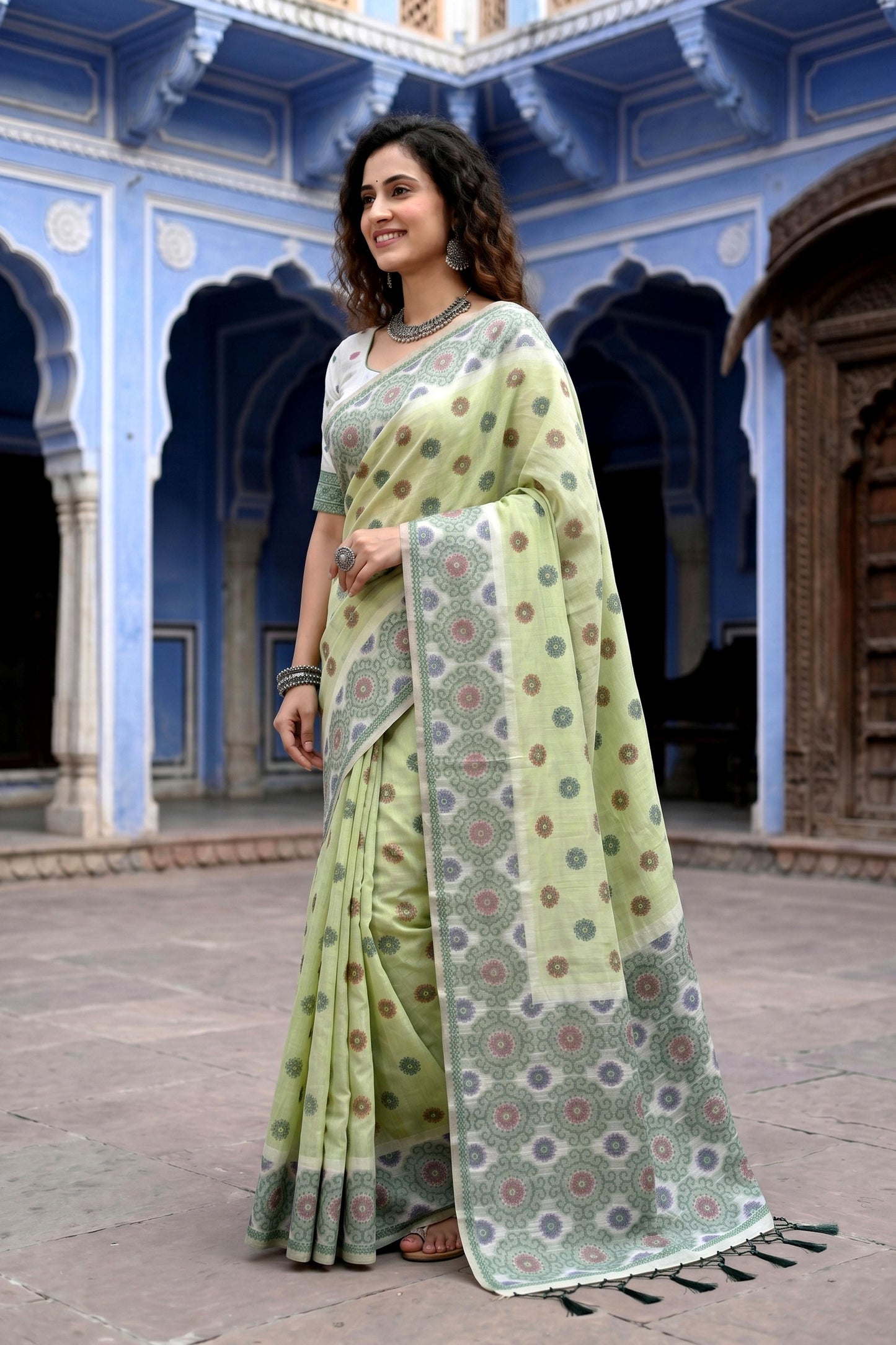 Sangam Prints Pastel Green Cotton Blend Woven Work Traditional Saree