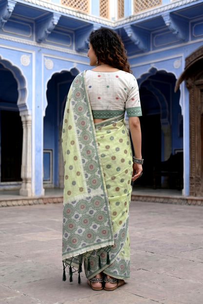 Sangam Prints Pastel Green Cotton Blend Woven Work Traditional Saree