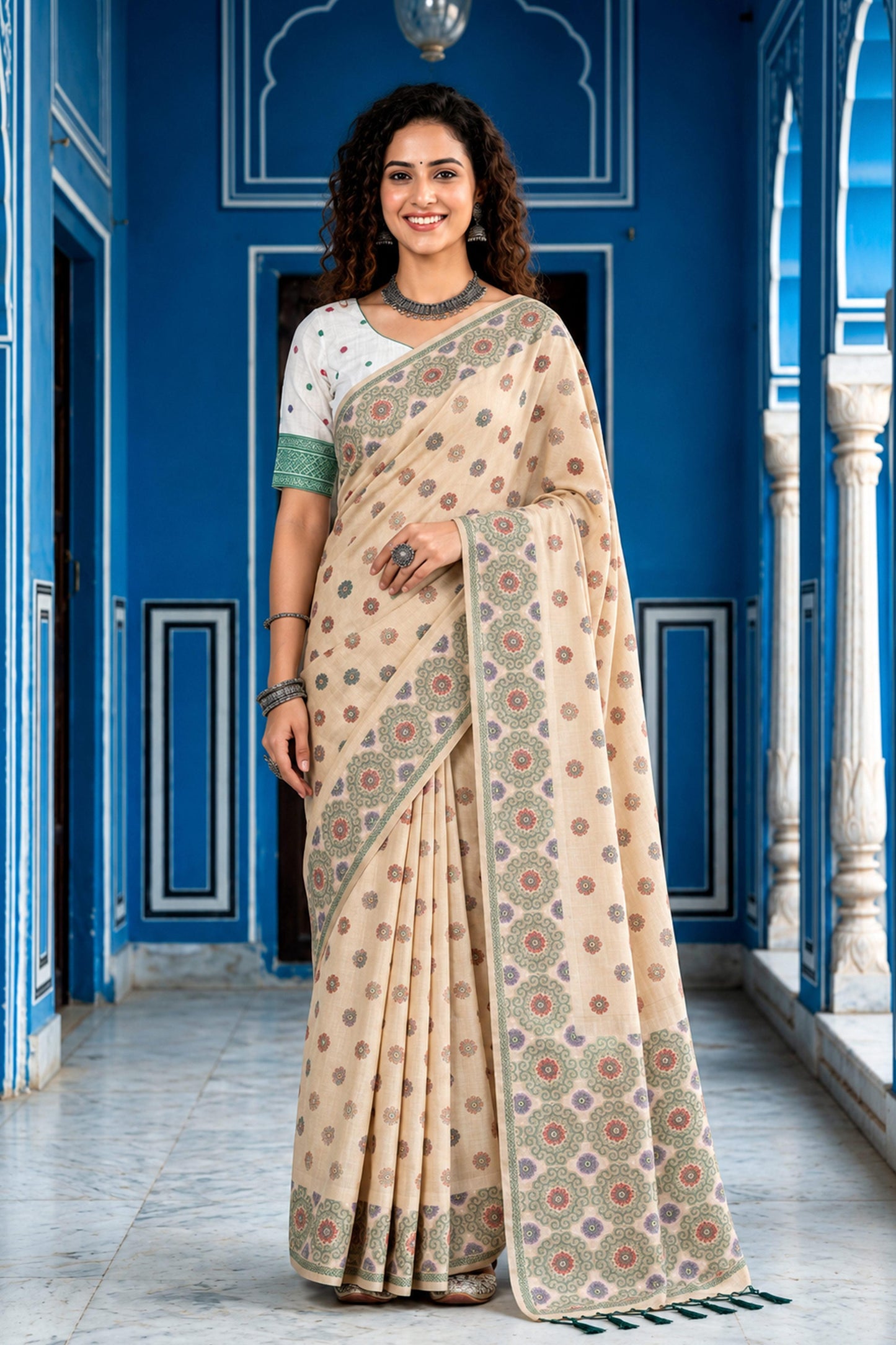 Sangam Prints Beige Cotton Blend Woven Work Traditional Saree