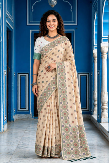Sangam Prints Beige Cotton Blend Woven Work Traditional Saree