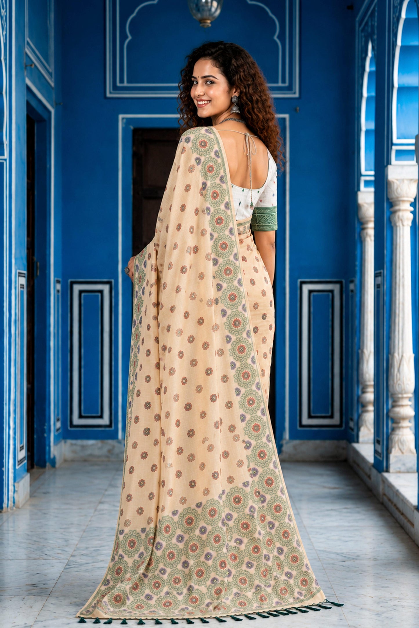Sangam Prints Beige Cotton Blend Woven Work Traditional Saree