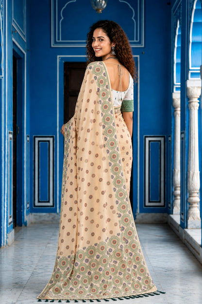 Sangam Prints Beige Cotton Blend Woven Work Traditional Saree