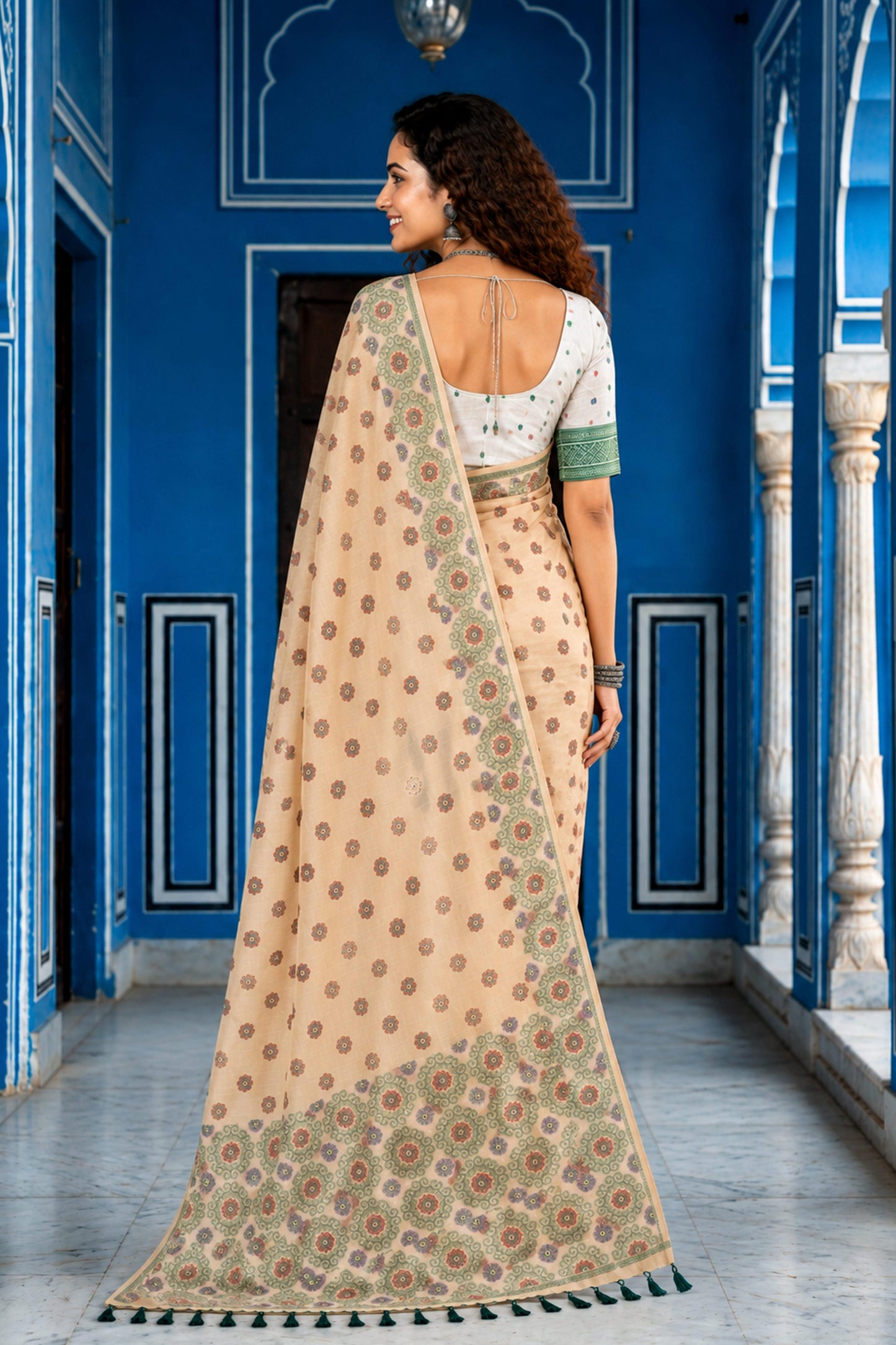 Sangam Prints Beige Cotton Blend Woven Work Traditional Saree