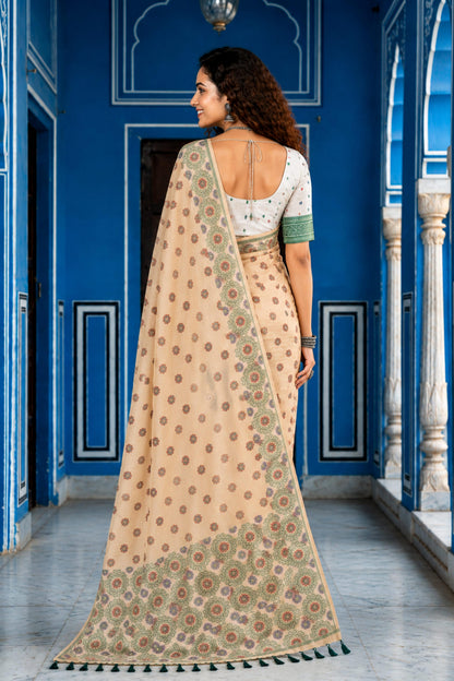 Sangam Prints Beige Cotton Blend Woven Work Traditional Saree