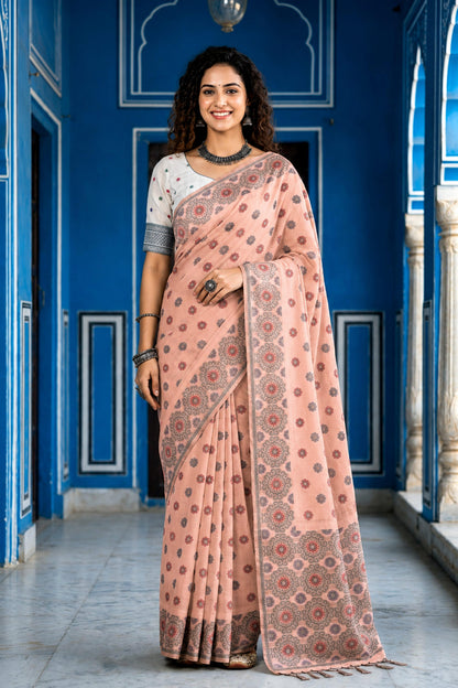 Sangam Prints Blush Pink Cotton Blend Woven Work Traditional Saree