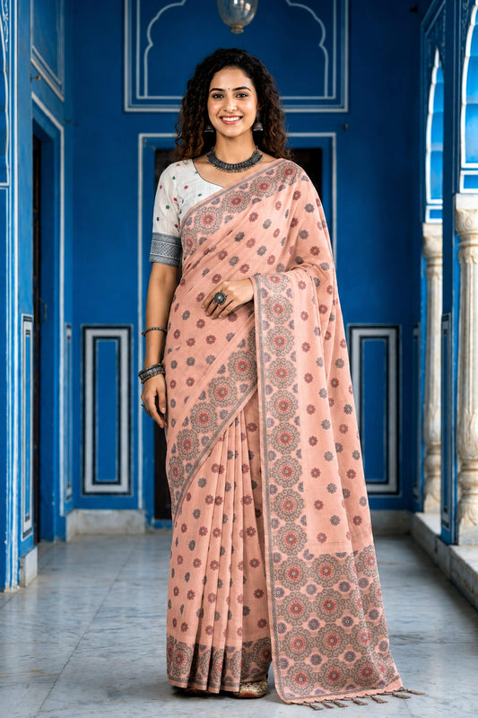 Sangam Prints Blush Pink Cotton Blend Woven Work Traditional Saree