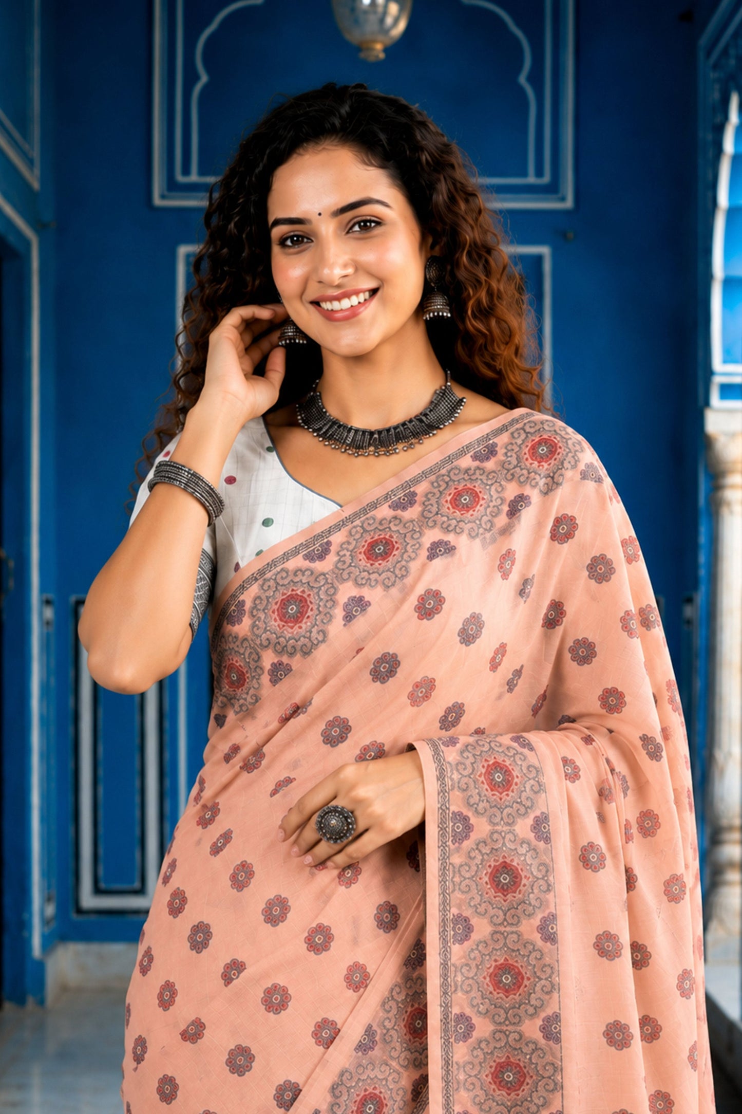 Sangam Prints Blush Pink Cotton Blend Woven Work Traditional Saree
