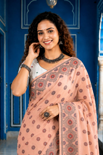 Sangam Prints Blush Pink Cotton Blend Woven Work Traditional Saree