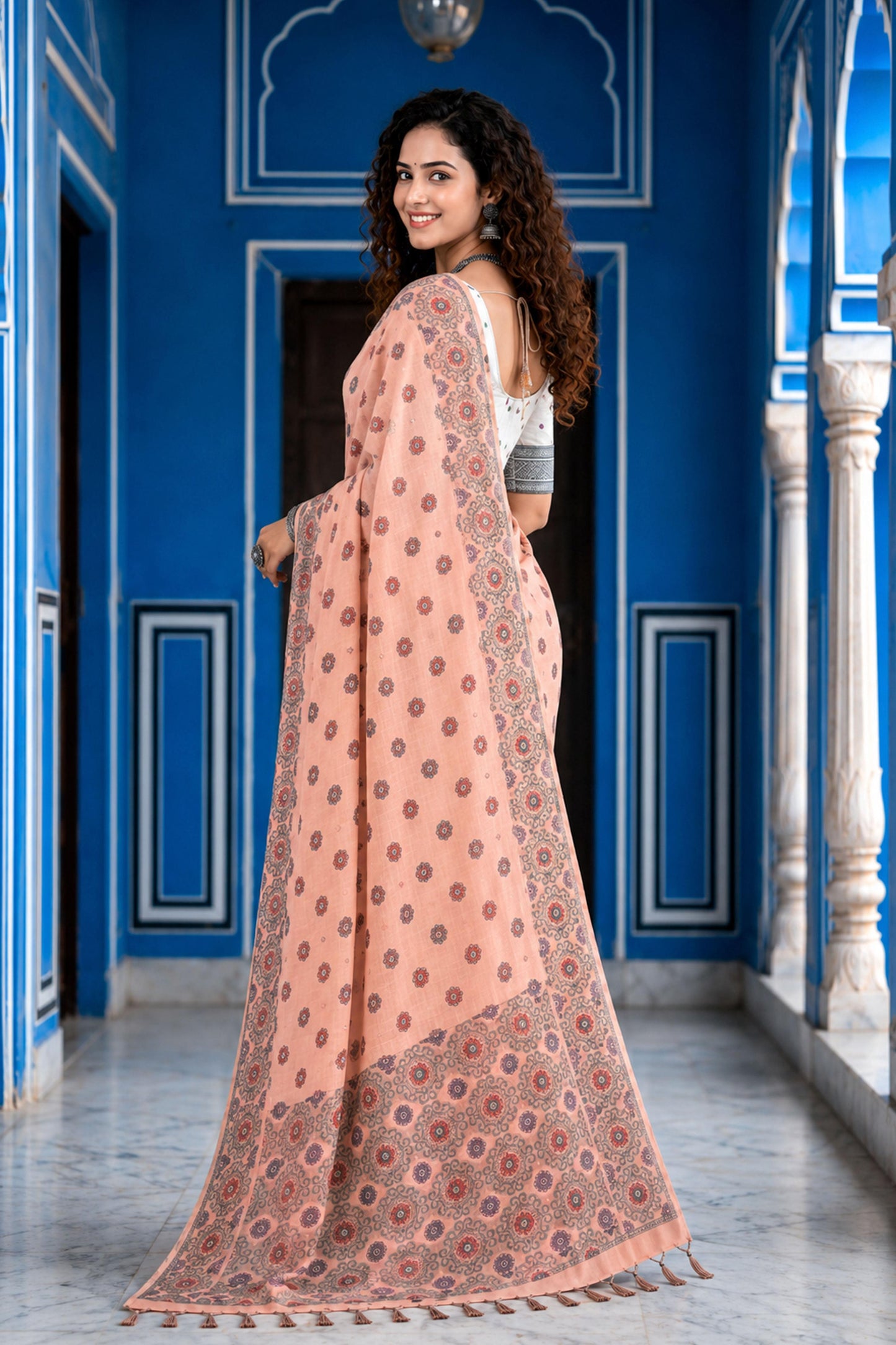 Sangam Prints Blush Pink Cotton Blend Woven Work Traditional Saree