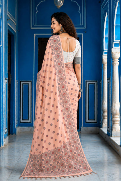 Sangam Prints Blush Pink Cotton Blend Woven Work Traditional Saree