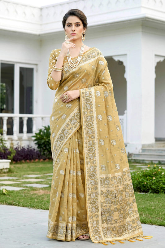 Sangam Prints Honey Gold Cotton Blend Woven Work Traditional Saree