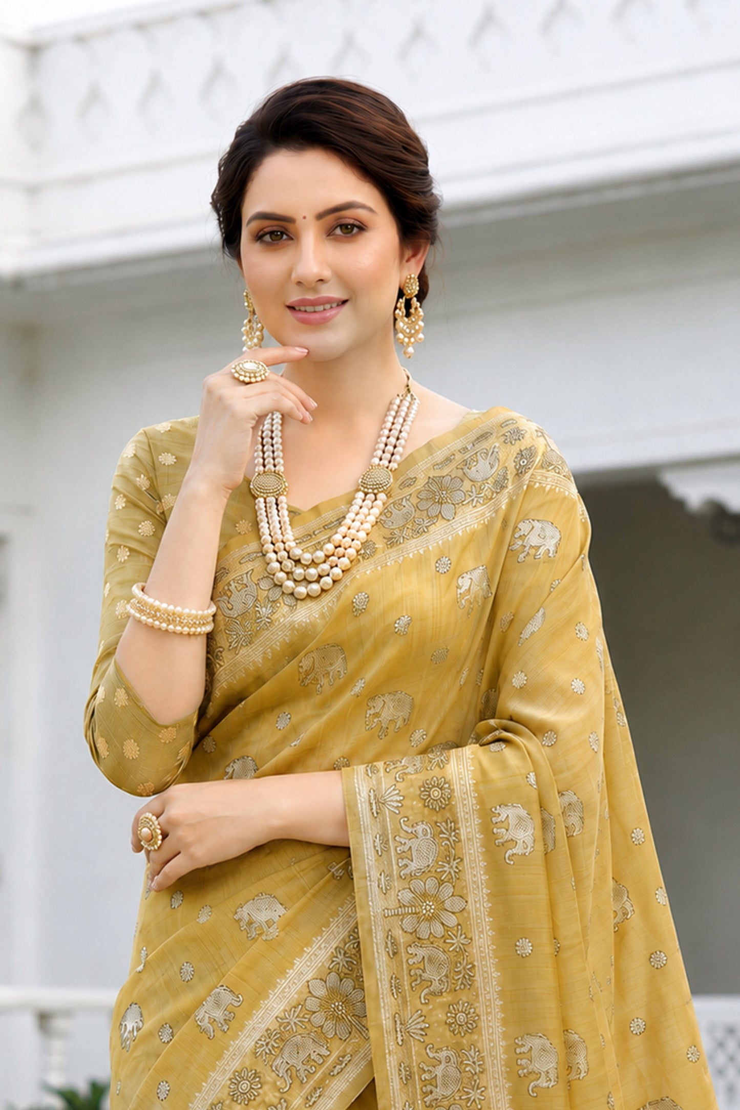 Sangam Prints Honey Gold Cotton Blend Woven Work Traditional Saree