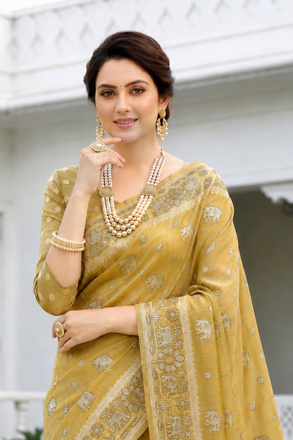 Sangam Prints Honey Gold Cotton Blend Woven Work Traditional Saree