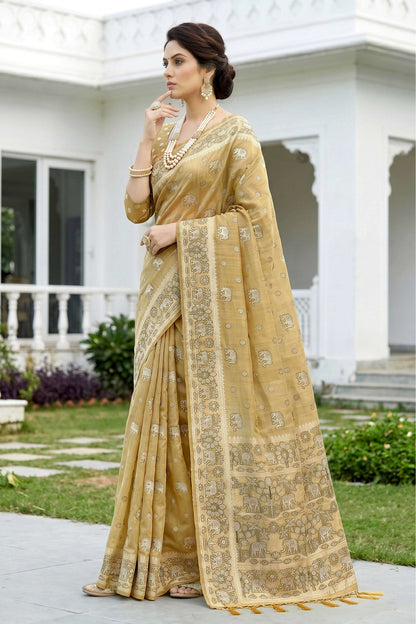 Sangam Prints Honey Gold Cotton Blend Woven Work Traditional Saree